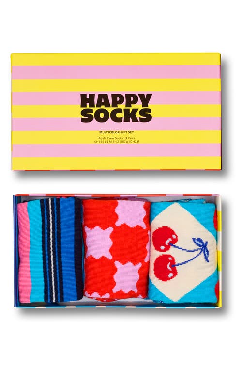 Happy Socks Check & Stripes 3-pack Assorted Crew Socks Gift Set In Yellow
