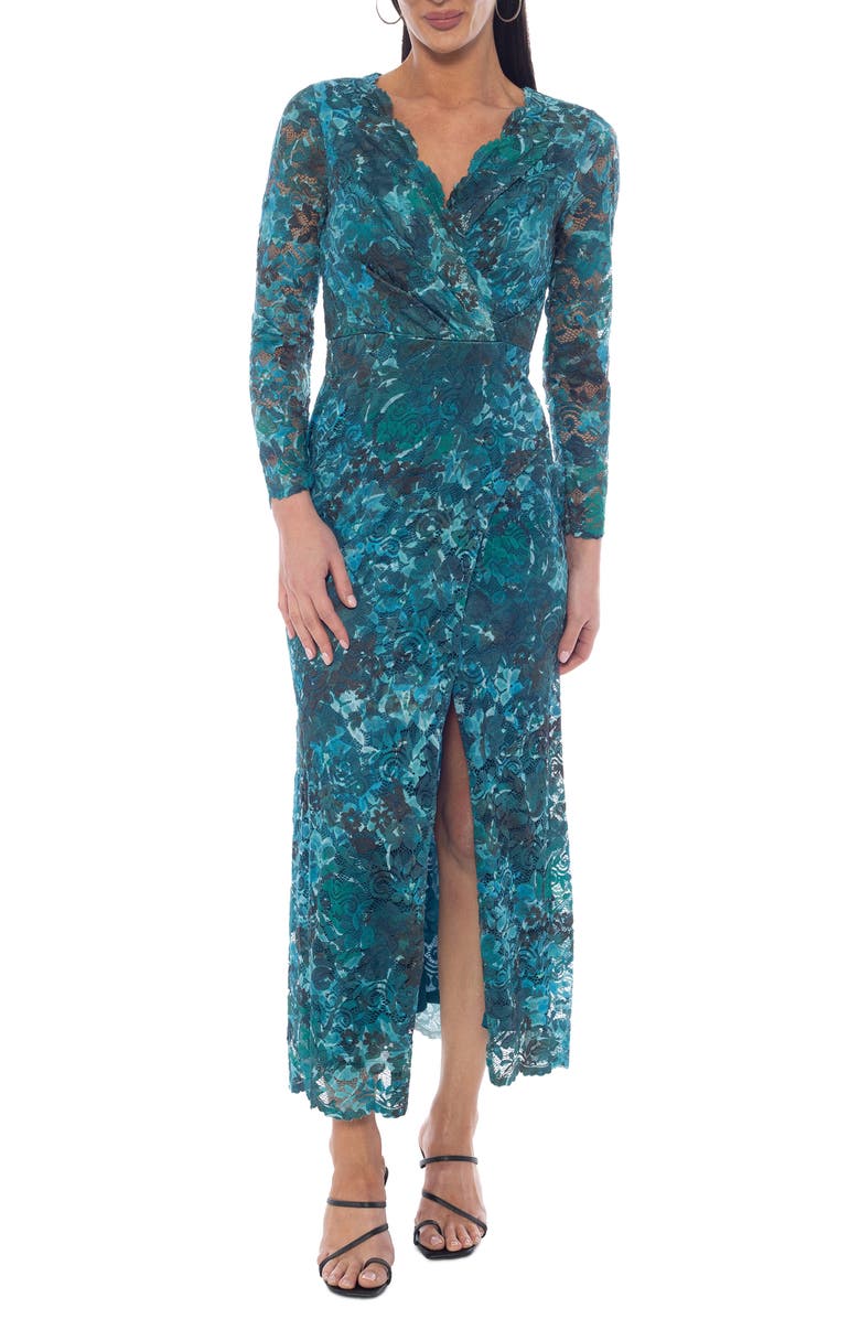 Marina Stretch Lace Long Sleeve Cocktail Dress, Main, color, Teal/ Hunter