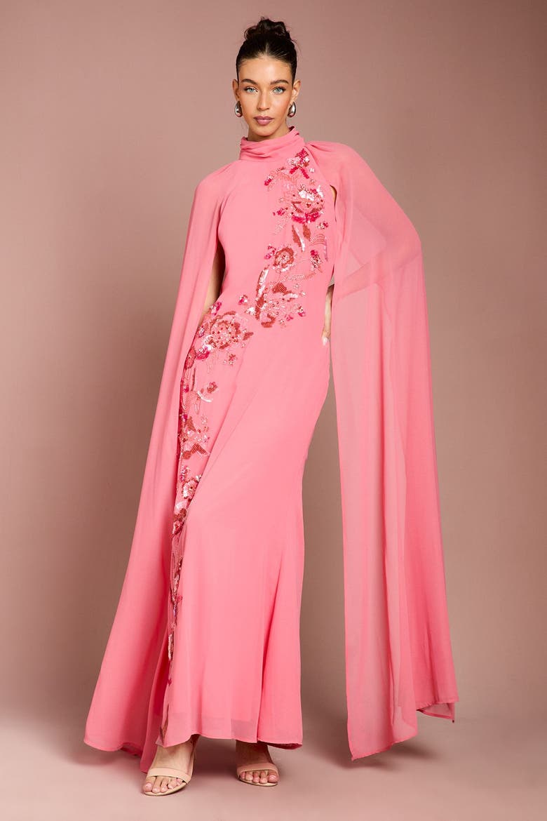 Floral Cape Maxi Dress, Alternate, color, Coral