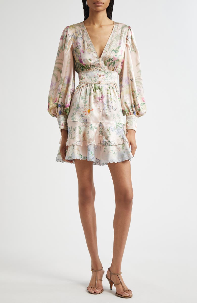 Camilla Button Front Long Sleeve Silk Charmeuse Minidress, Main, color,