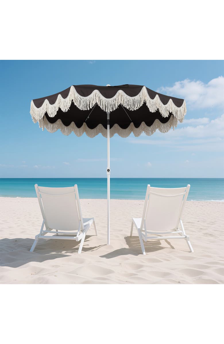 JONATHAN Y Mariner 6.5 ft. Classic Cottage Fringe Tassel Market Beach Umbrella with Push Button Tilt, Alternate, color, Black - White Pole