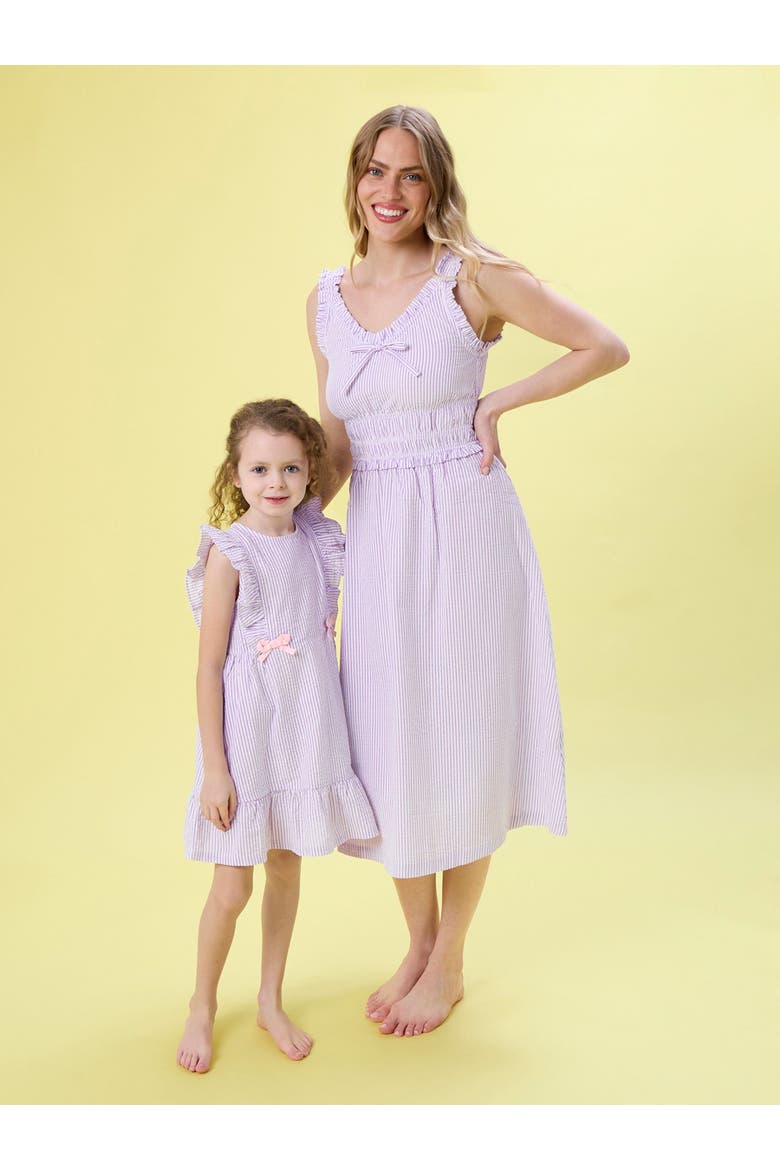 Sleeveless Pinafore Bow Dress, Alternate, color, Wisteria Purple Seersucker
