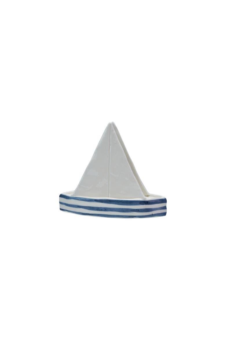 Stoneware Sailboat Shaped Napkin Holder with Stripes, Blue and White, Main, color, Blue
