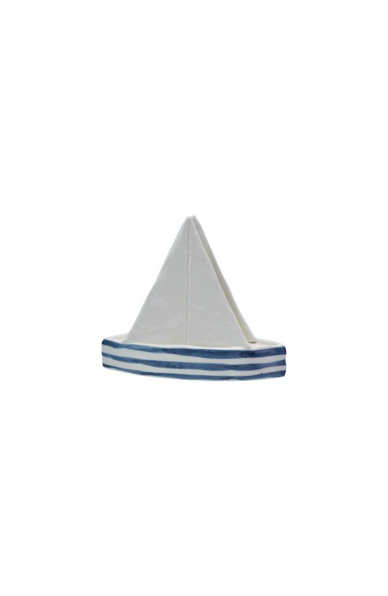 Storied Home Stoneware Sailboat Shaped Napkin Holder with Stripes, Blue and White, Main, color, Blue