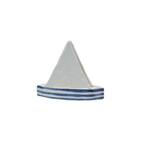 Stoneware Sailboat Shaped Napkin Holder with Stripes, Blue and White