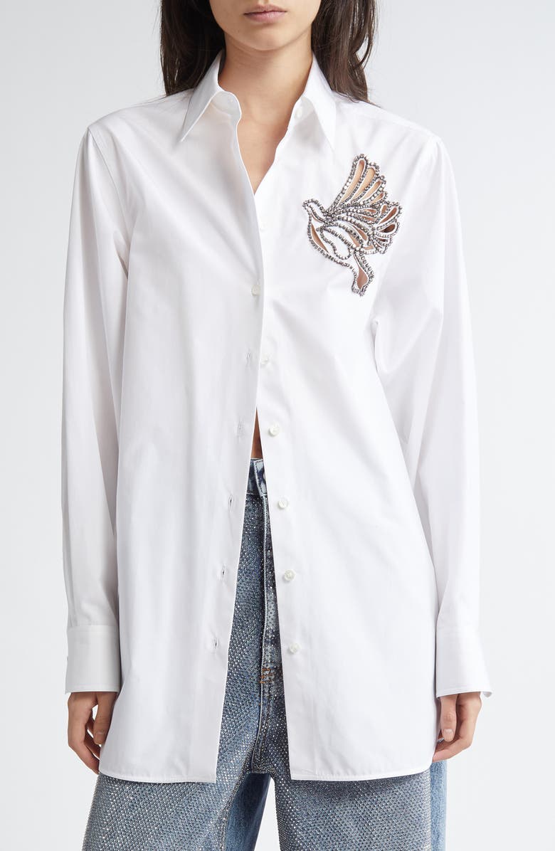 Stella McCartney Crystal Cutout Cotton Poplin Button-Up Shirt, Main, color, 