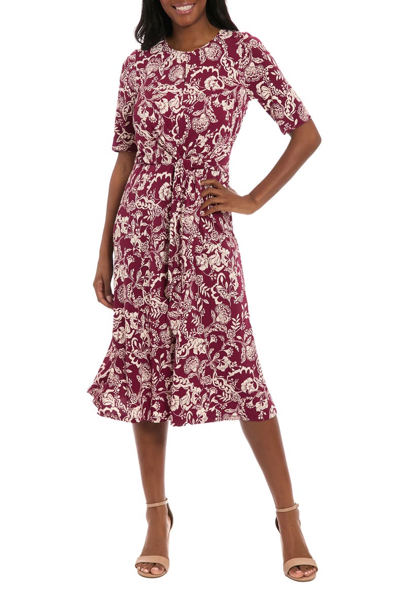 Side Tie Jersey Midi Dress, Main, color, PLUM/ BEIGE