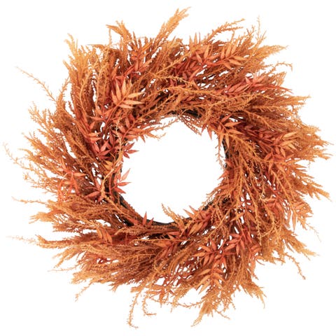 Peachy Pampas Grass Artificial Fall Harvest Wreath, 24-Inch - Unlit