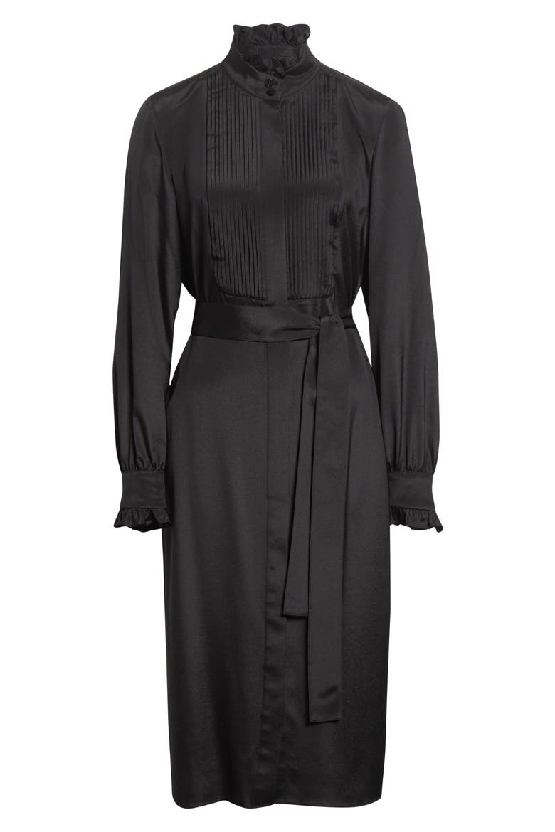 Pintuck Bib Long Sleeve Tuxedo Dress, Alternate, color, BLACK