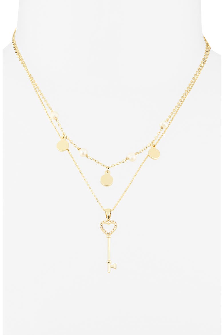 Set of Two Demi Fine Freshwater Pearl & Key Pendant Necklaces, Alternate, color, WHITE- CLEAR- GOLD