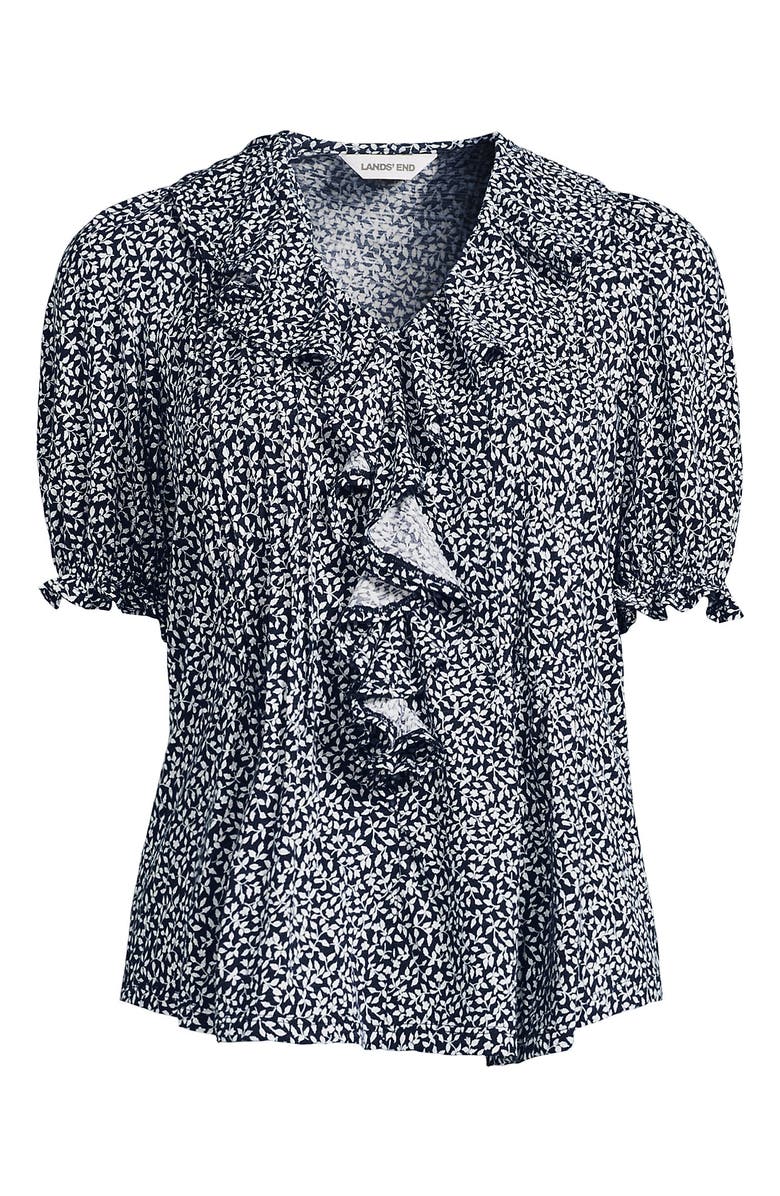Lands' End Plus Size Puff Sleeve Slub Ruffle Pintuck Top, Alternate, color, Navy Ditsy Floral