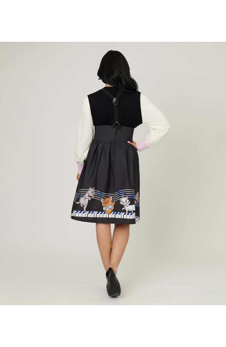 Unique Vintage Suspender Swing Skirt, Alternate, color, Black Piano Cats Print