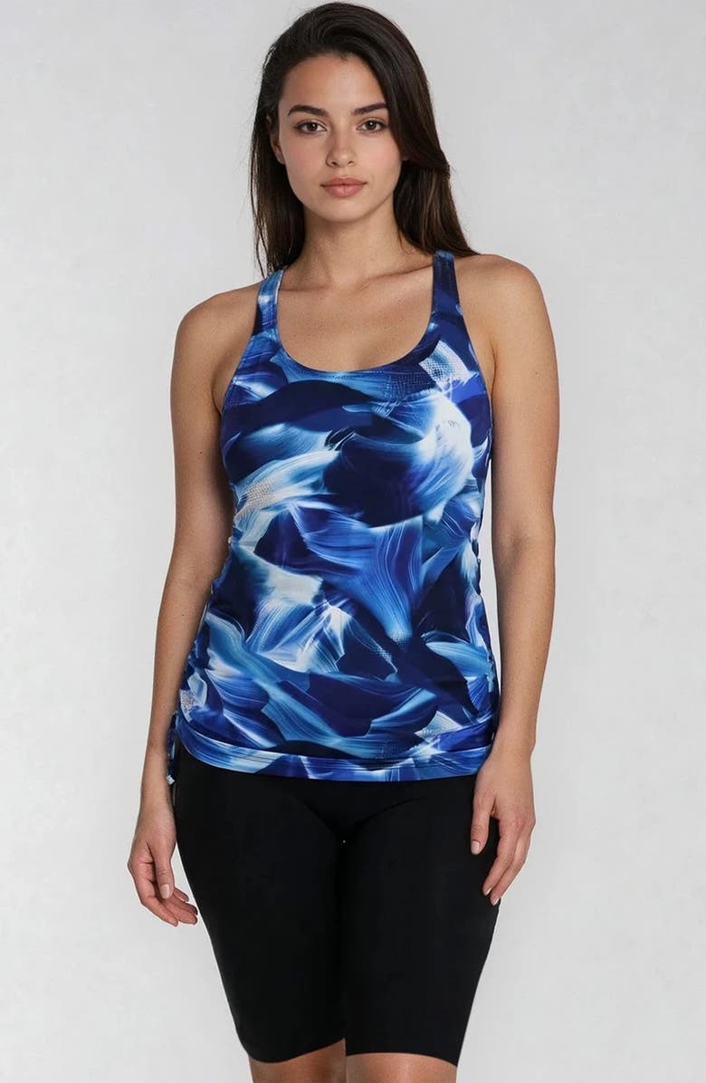 Calypsa Maya Tankini Swim Top With Removable Cups and Black High Waisted Long Bike Swim Shorts, Main, color, Navy Wave
