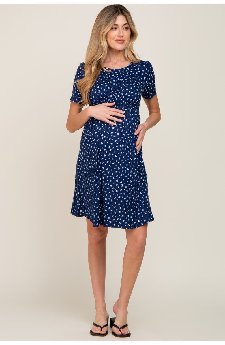 PinkBlush Floral Smocked Short Sleeve Dress, Alternate, color, Navy Blue
