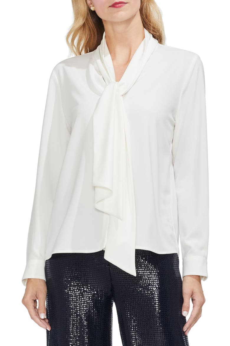 Tie Neck French Crepe Blouse, Main, color, PEARL IVORY