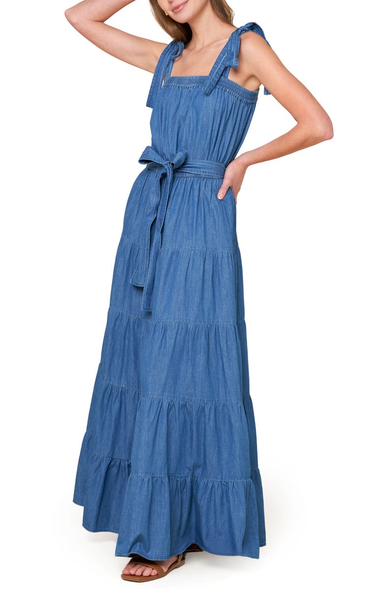 FLYING TOMATO Tie Strap Tiered Chambray Maxi Dress, Alternate, color,