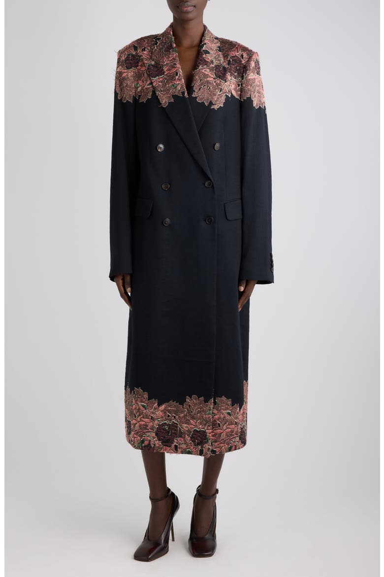 Rarrysta Floral Embroidered Double Breasted Coat, Main, color, BLACK