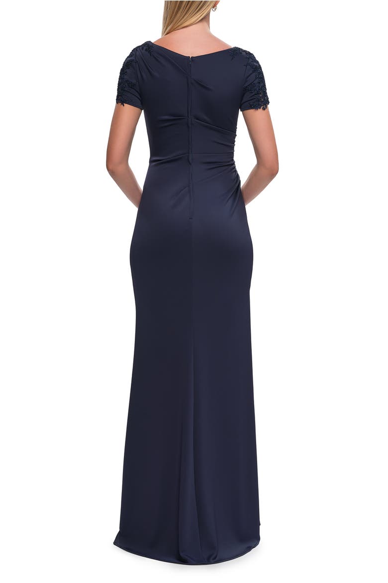 Short Sleeve Embellished Shoulder Evening Gown, Alternate, color, Navy