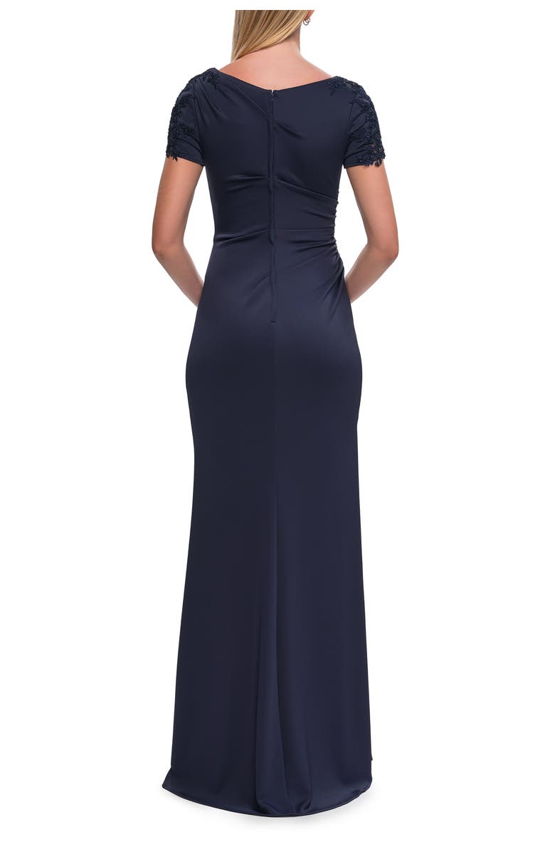 La Femme Short Sleeve Embellished Shoulder Evening Gown, Alternate, color, Navy