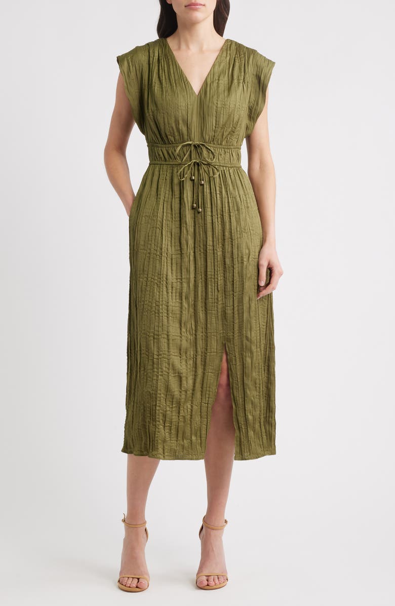 Eliza J Tie Waist V-Neck Midi Dress, Main, color, Olive