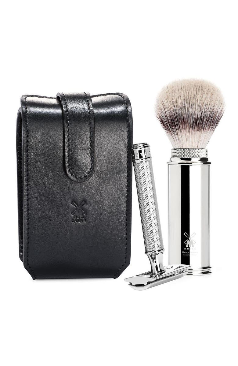 MÜHLE Black Leather Case, Silvertip Fiber Brush & Safety Razor Travel Set, Main, color, Black