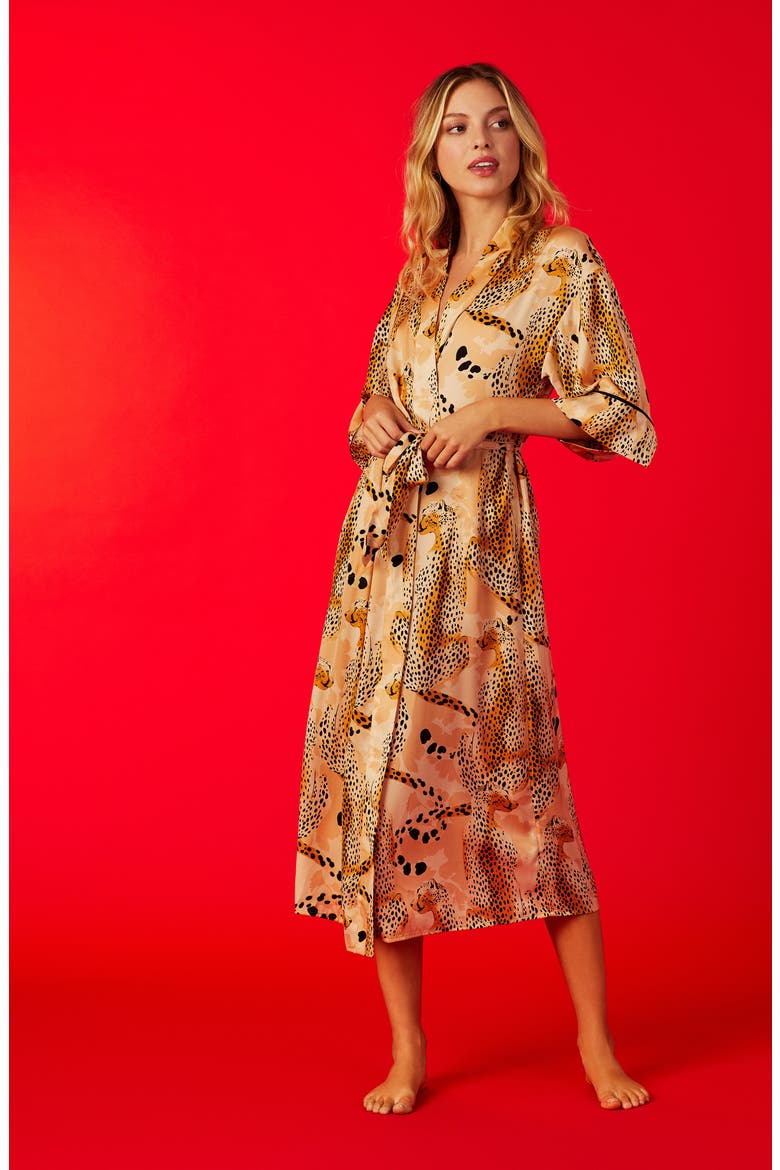 Satin Robe (Nordstrom Exclusive), Alternate, color, TAN/ FLOR