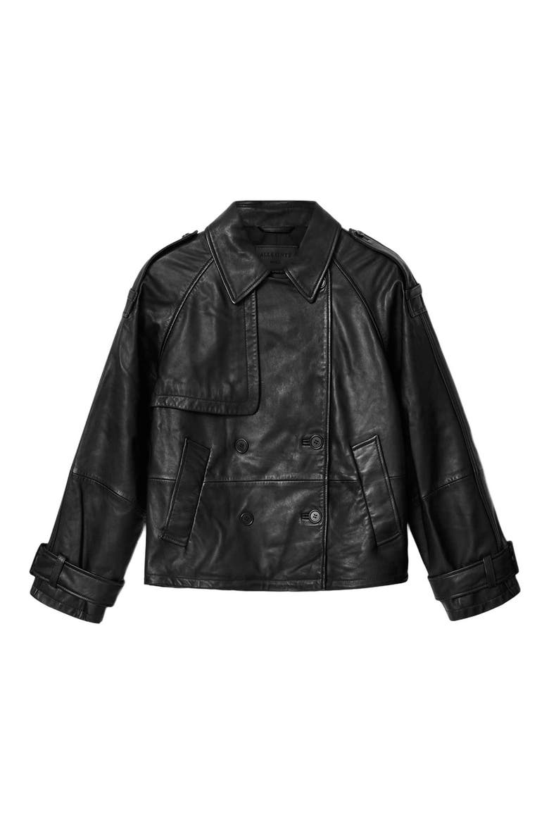 Reya Crop Leather Trench Coat, Alternate, color, BLACK