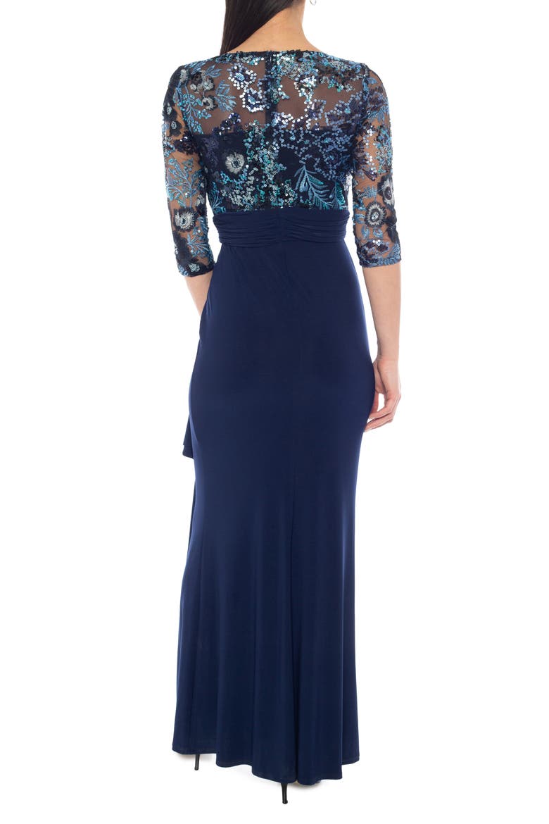 Mesh Sequin Three-Quarter Sleeve Gown, Alternate, color, NAVY