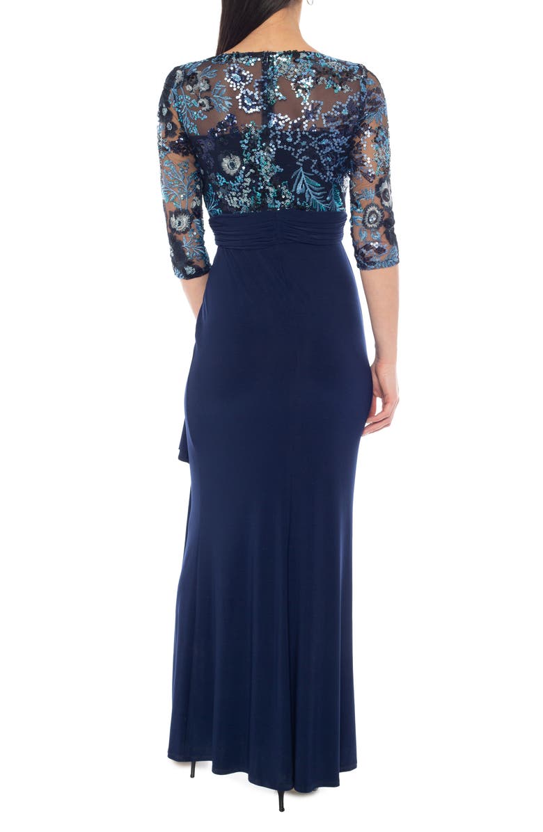 Oleg Cassini Mesh Sequin Three-Quarter Sleeve Gown, Alternate, color, Navy