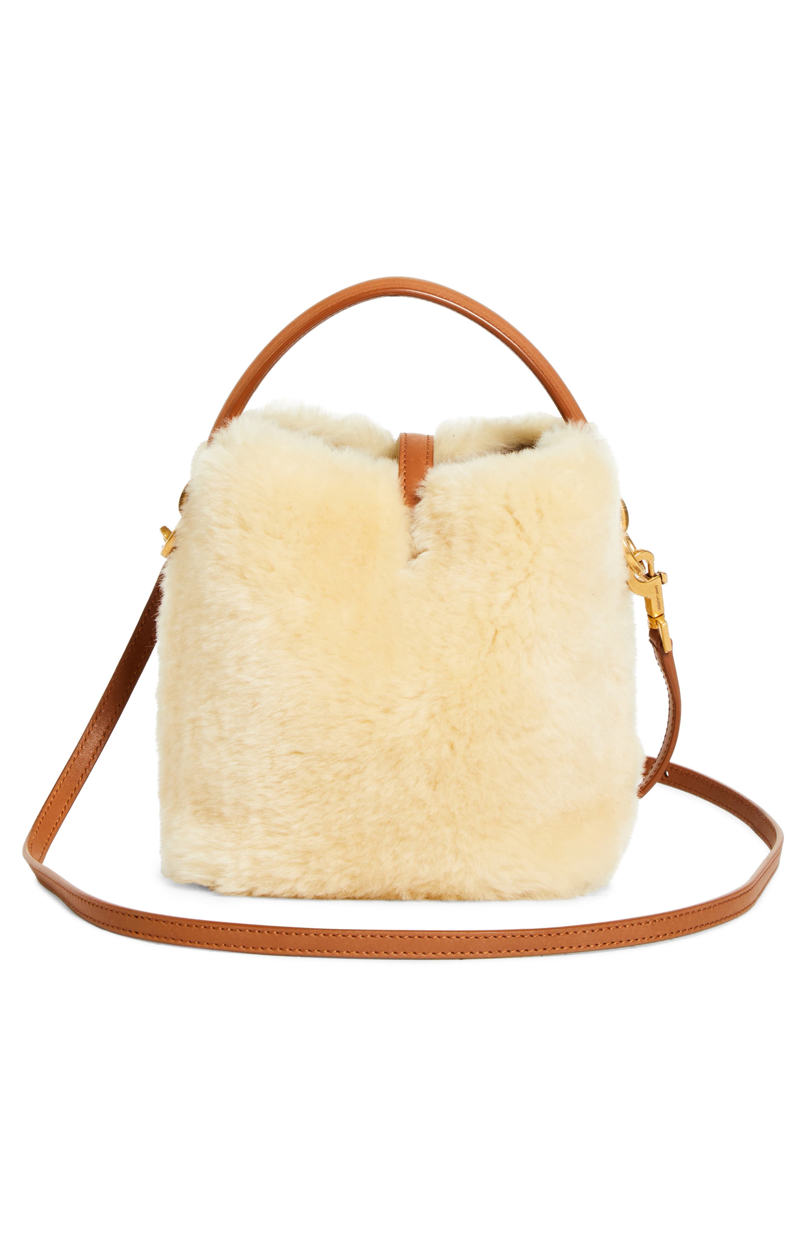 Saint Laurent Mini Le 37 Genuine Shearling Bucket Bag, Alternate, color, Cream Beige/ Brick