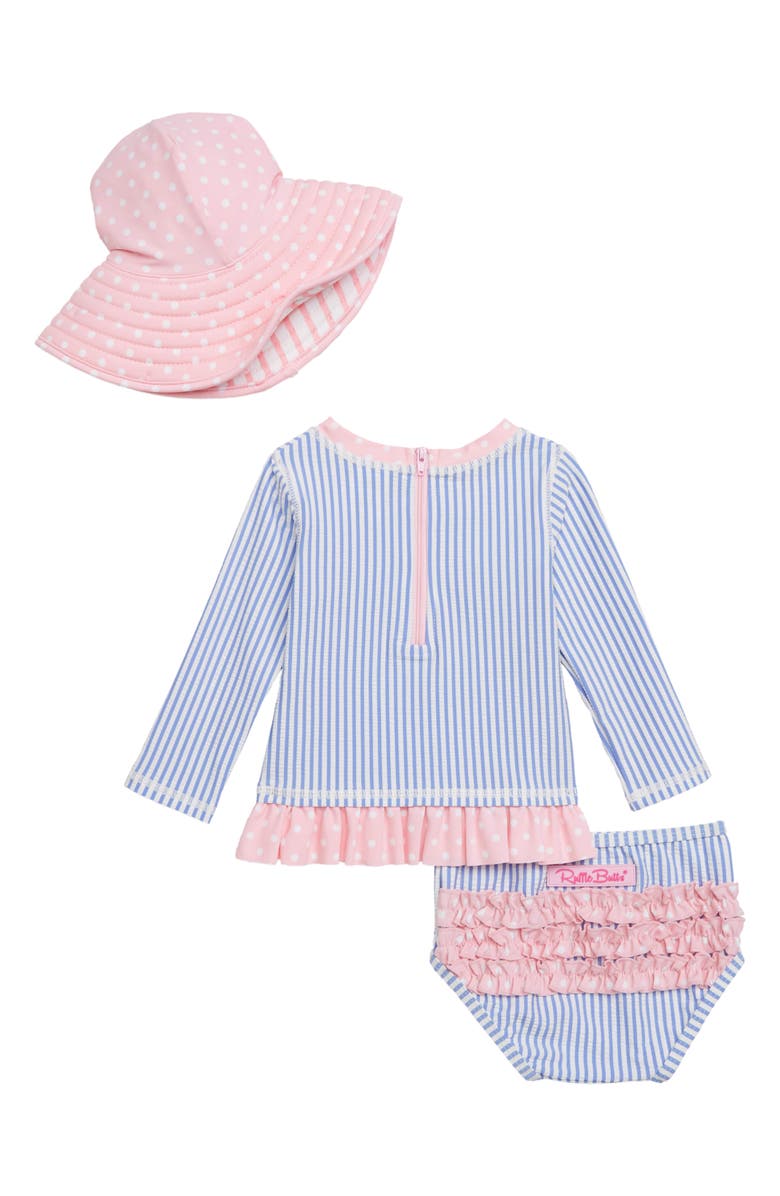 RuffleButts Seersucker Three-Piece Rashguard Swimsuit with Hat, Alternate, color, 