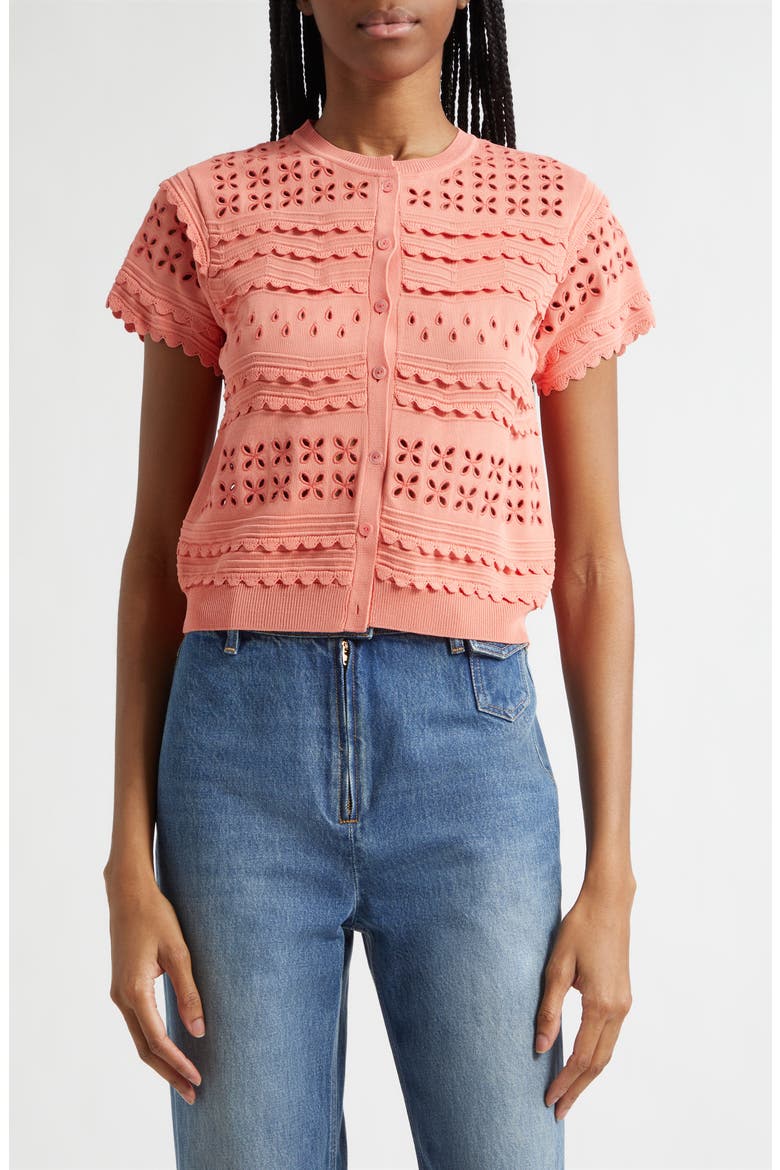 Abriana Eyelet Scallop Trim Cardigan, Main, color, CORAL PEONY