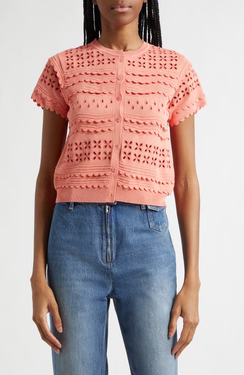 Abriana Eyelet Scallop Trim Cardigan