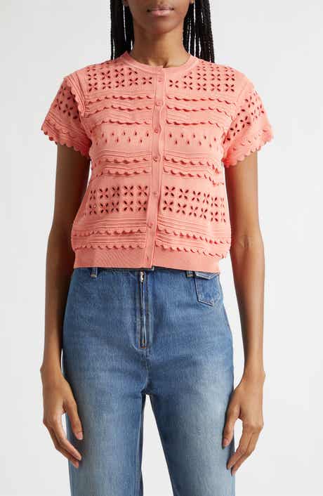 Abriana Eyelet Scallop Trim Cardigan