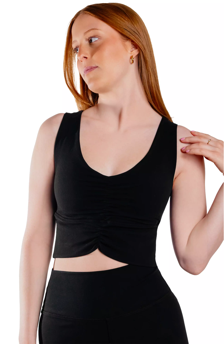 Cheeky Cherry Ruched Sports Bra, Alternate, color, Onyx