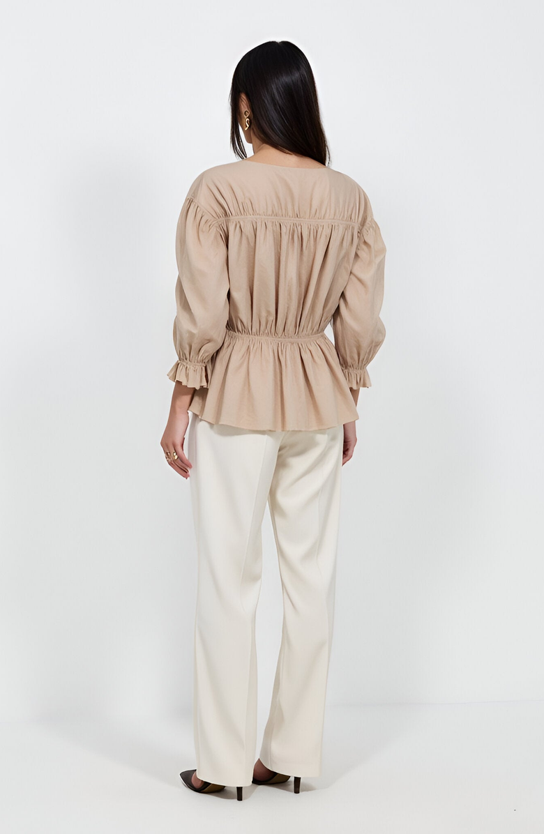 Modenaire Gathered Peplum Tie-Front Puff-Sleeve Blouse, Alternate, color, 