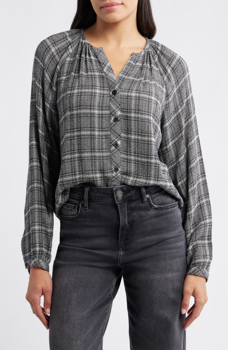 Cloth & Stone Plaid Raglan Sleeve Button-Up Shirt, Main, color, Black/ Winter Grey Plaid