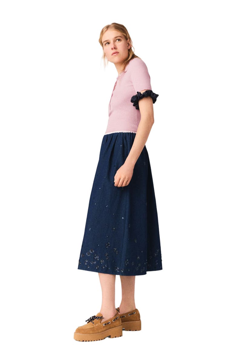 maje Embroidered denim midi skirt, Alternate, color, Navy