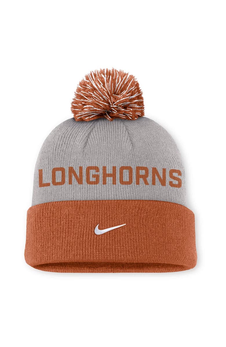Nike Men's Nike Gray/Texas Orange Texas Longhorns Primetime Peak Cuffed Knit Hat with Pom, Alternate, color, Gray