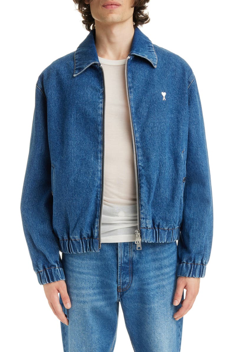 AMI PARIS Ami de Coeur Logo Plaque Zip Denim Jacket | Nordstrom