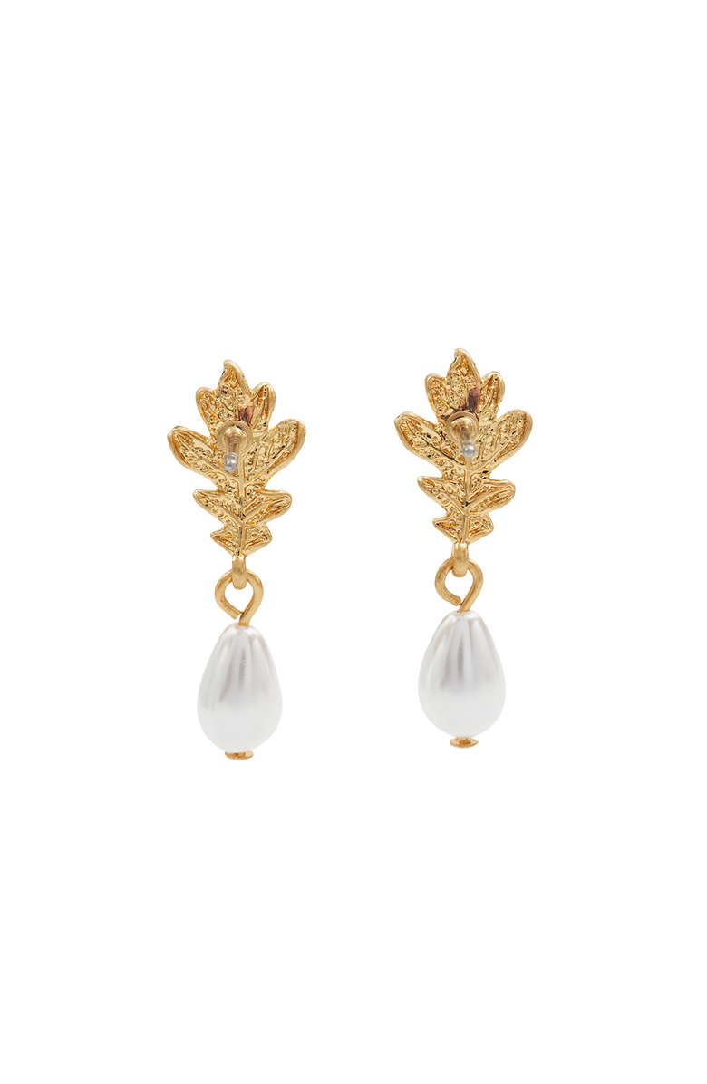 Fable England Oak Leaf Pearl Drop Gold Earrings, Alternate, color, Gold