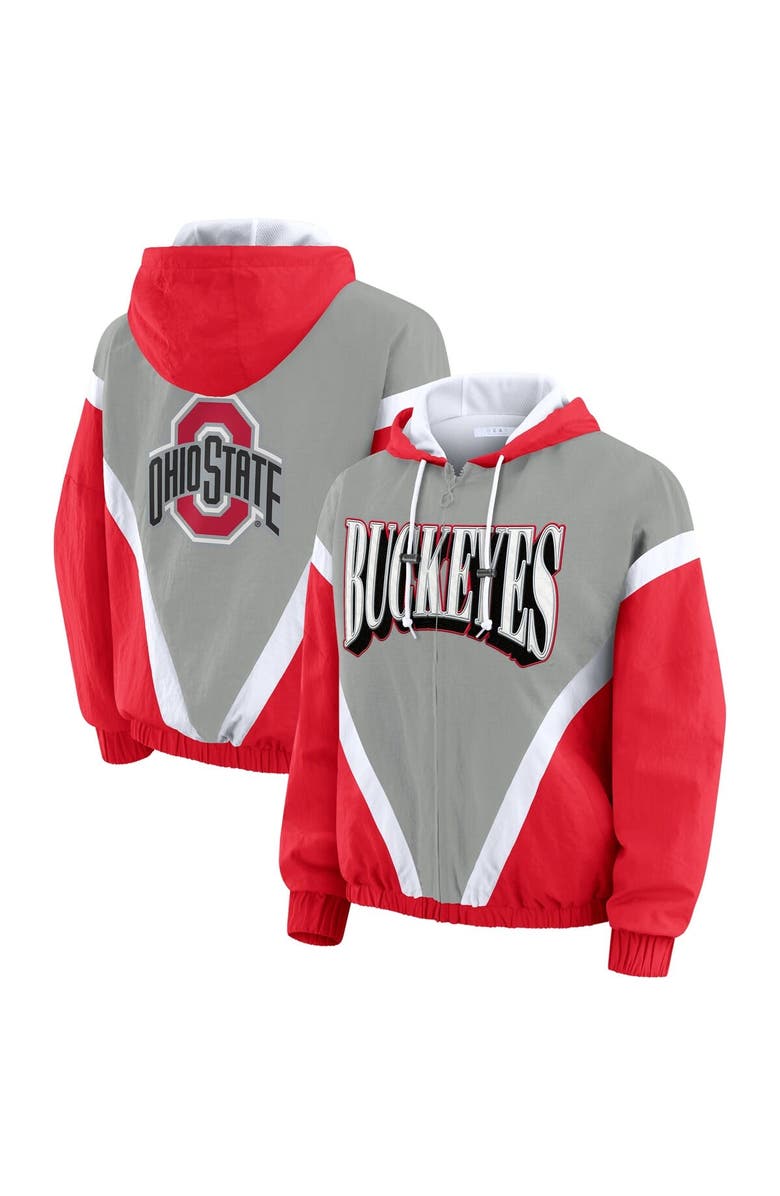WEAR by Erin Andrews Women's WEAR by Erin Andrews Scarlet/Gray Ohio State Buckeyes Colorblock Full-Zip Hoodie Windbreaker Jacket, Main, color,