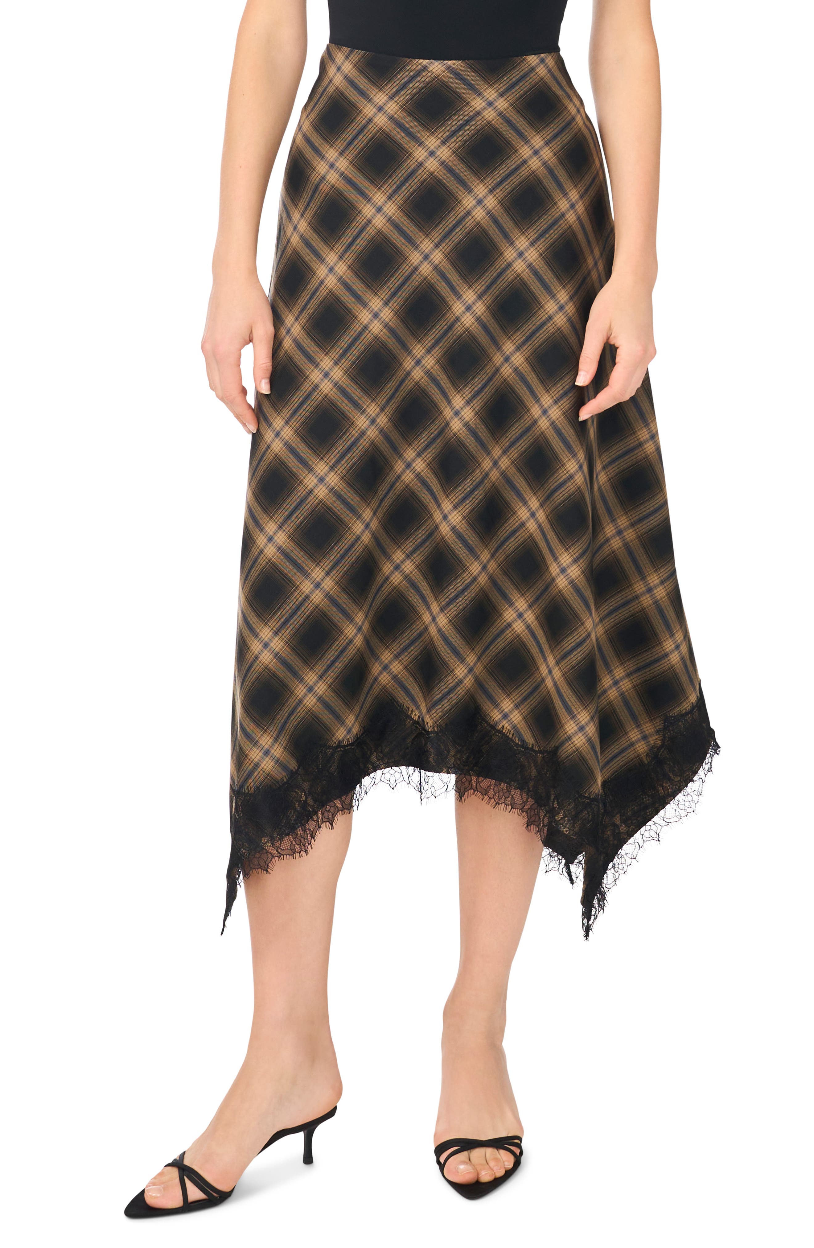 Plaid Lace Trim Asymmetric Midi Skirt