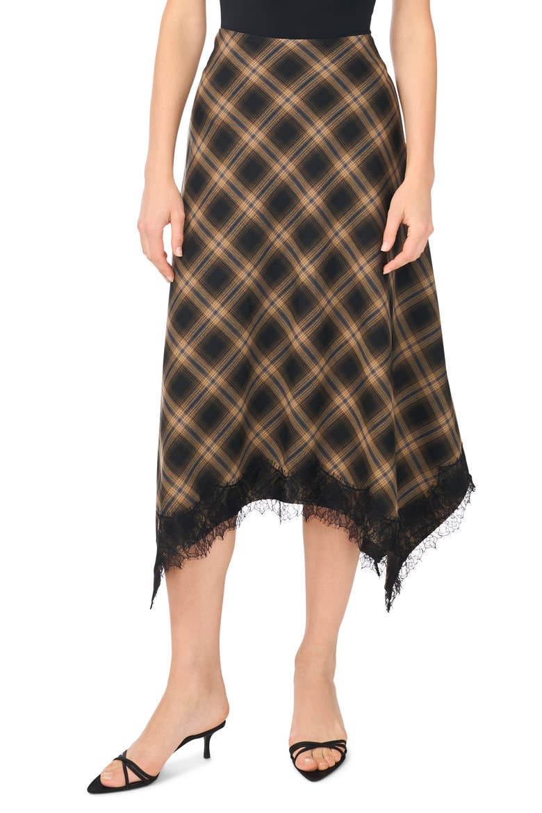 Plaid Lace Trim Asymmetric Midi Skirt, Main, color, RICH BLACK