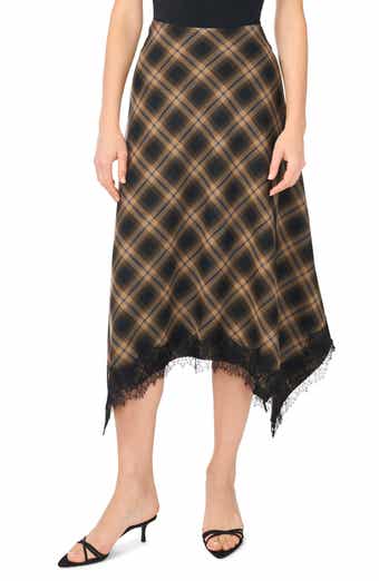 Plaid Lace Trim Asymmetric Midi Skirt