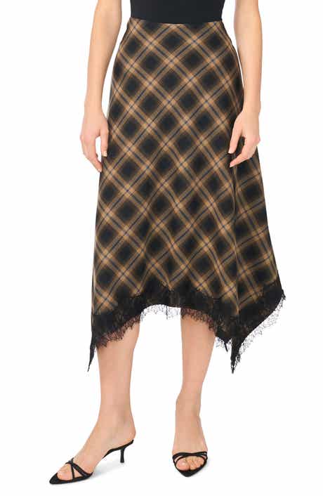 Plaid Lace Trim Asymmetric Midi Skirt