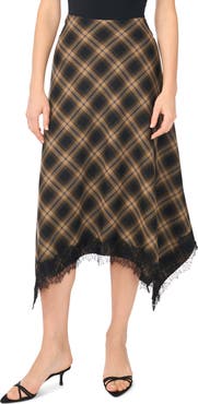 1.STATE Plaid Lace Trim Asymmetric Midi Skirt