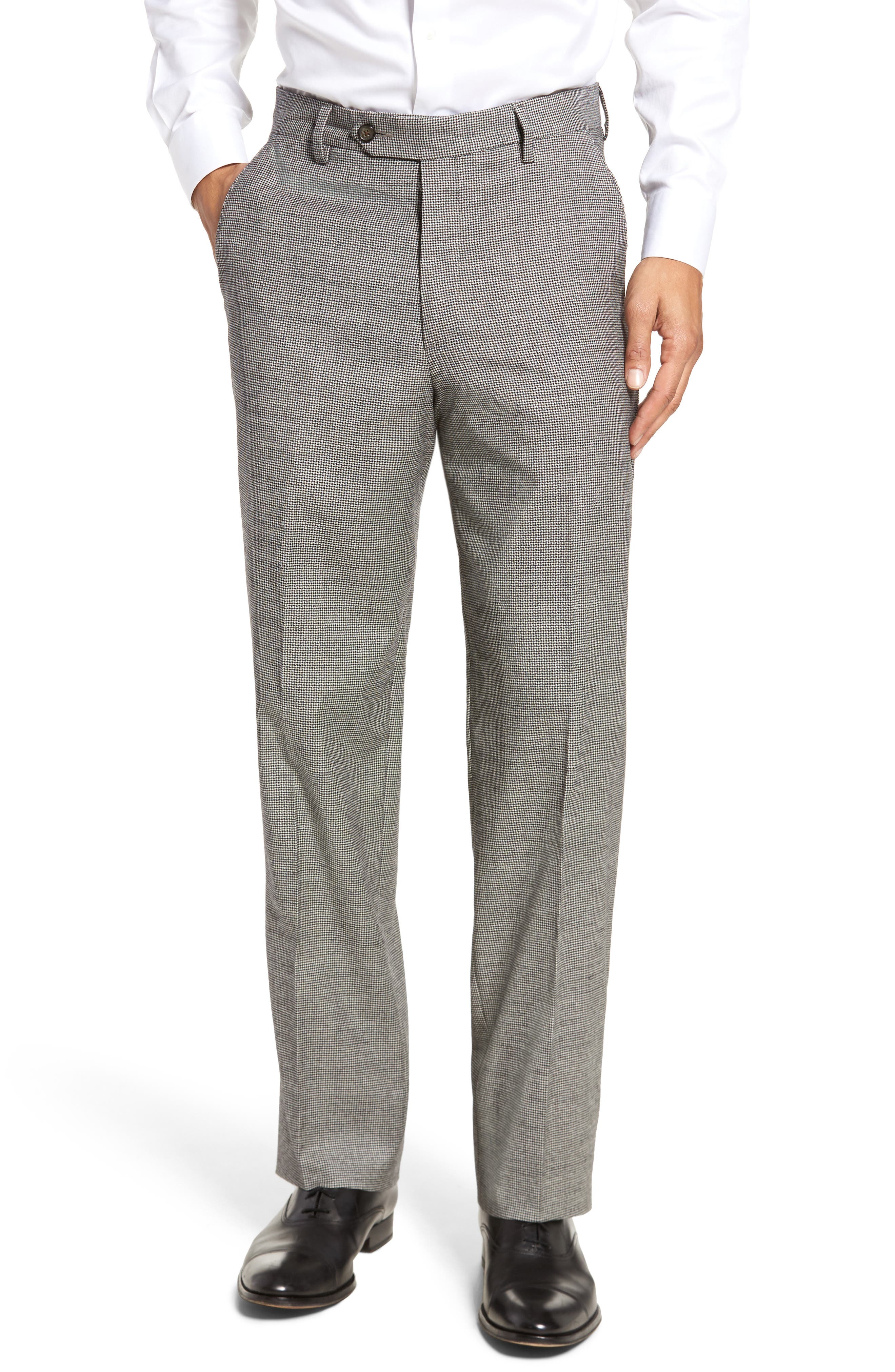 Berle Touch Finish Flat Front Plaid Classic Fit Stretch Houndstooth Dress Pants in Black/White 