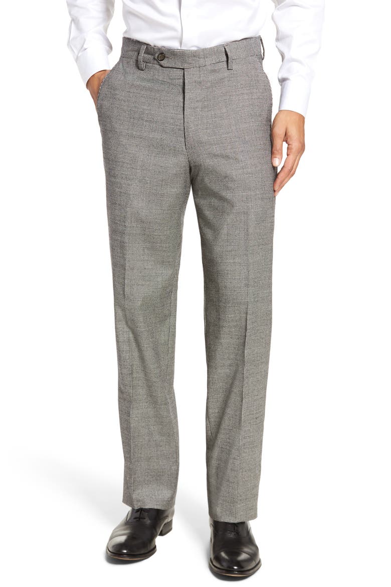 Touch Finish Flat Front Plaid Classic Fit Stretch Houndstooth Dress Pants, Main, color, BLACK/ WHITE