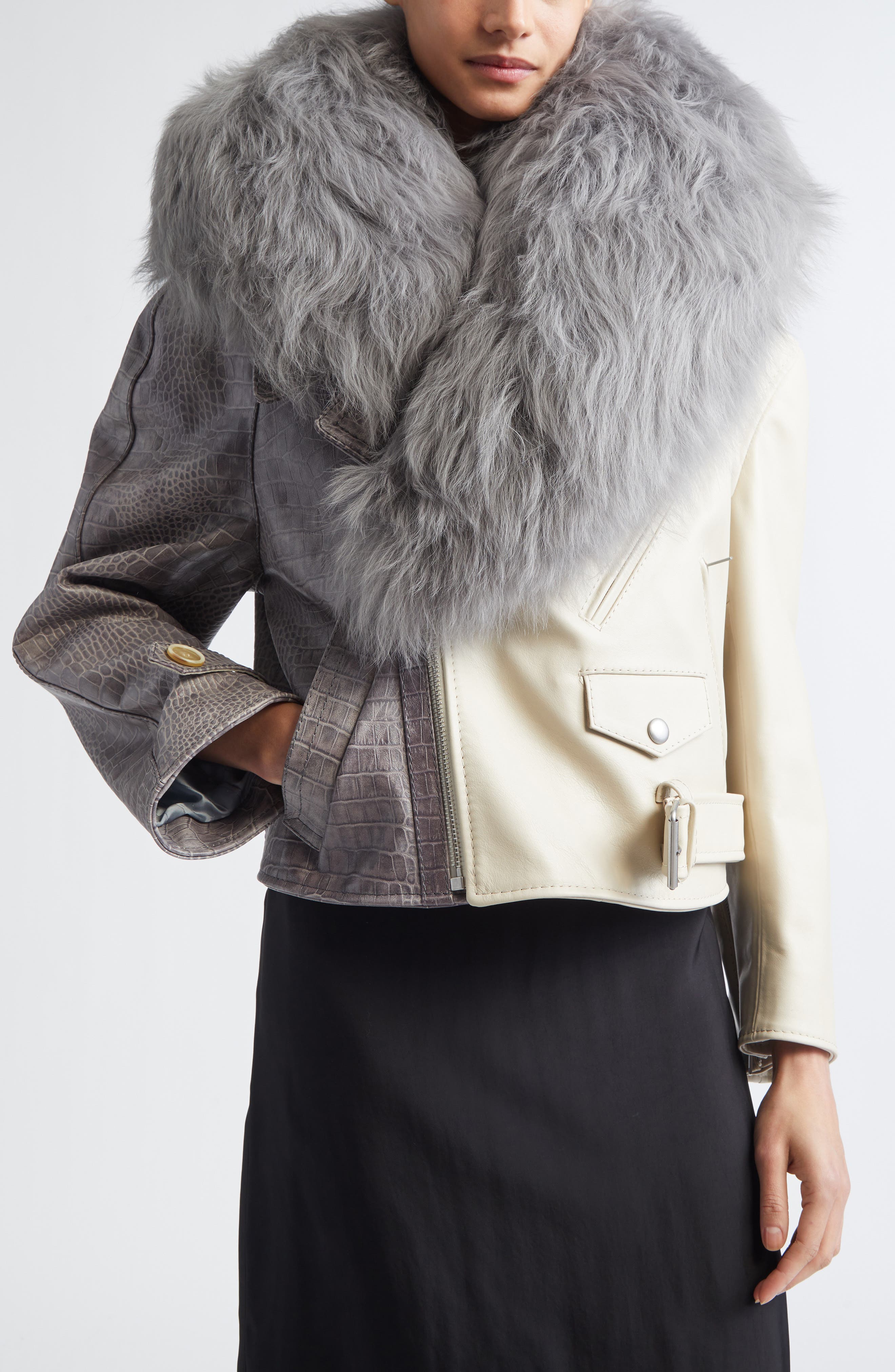 Leather Biker Jacket with Genuine Shearling Collar